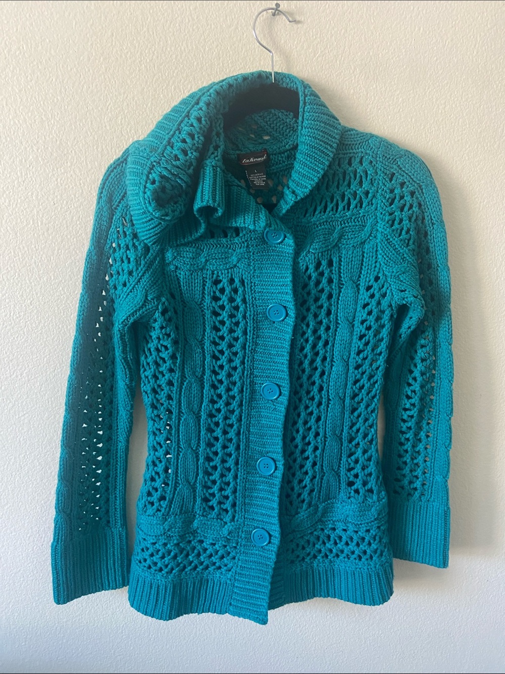 Y2K TEAL Cable Knit Button-Front Sweater Cardigan W Hoodie